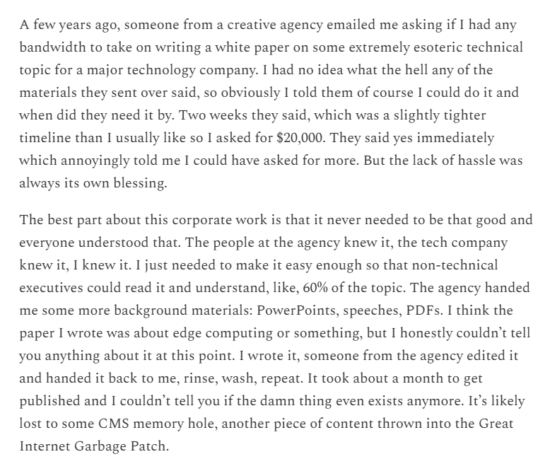 TheStalwart's tweet photo. Really good piece on the AI writing discourse. The vast majority of professional writing  is not about "self expression" or "creativity" or whatnot. And then when you add in all the random emails or texts that people have to send, more and more people will just have the AI do it. https://t.co/BWbIRD8RZK