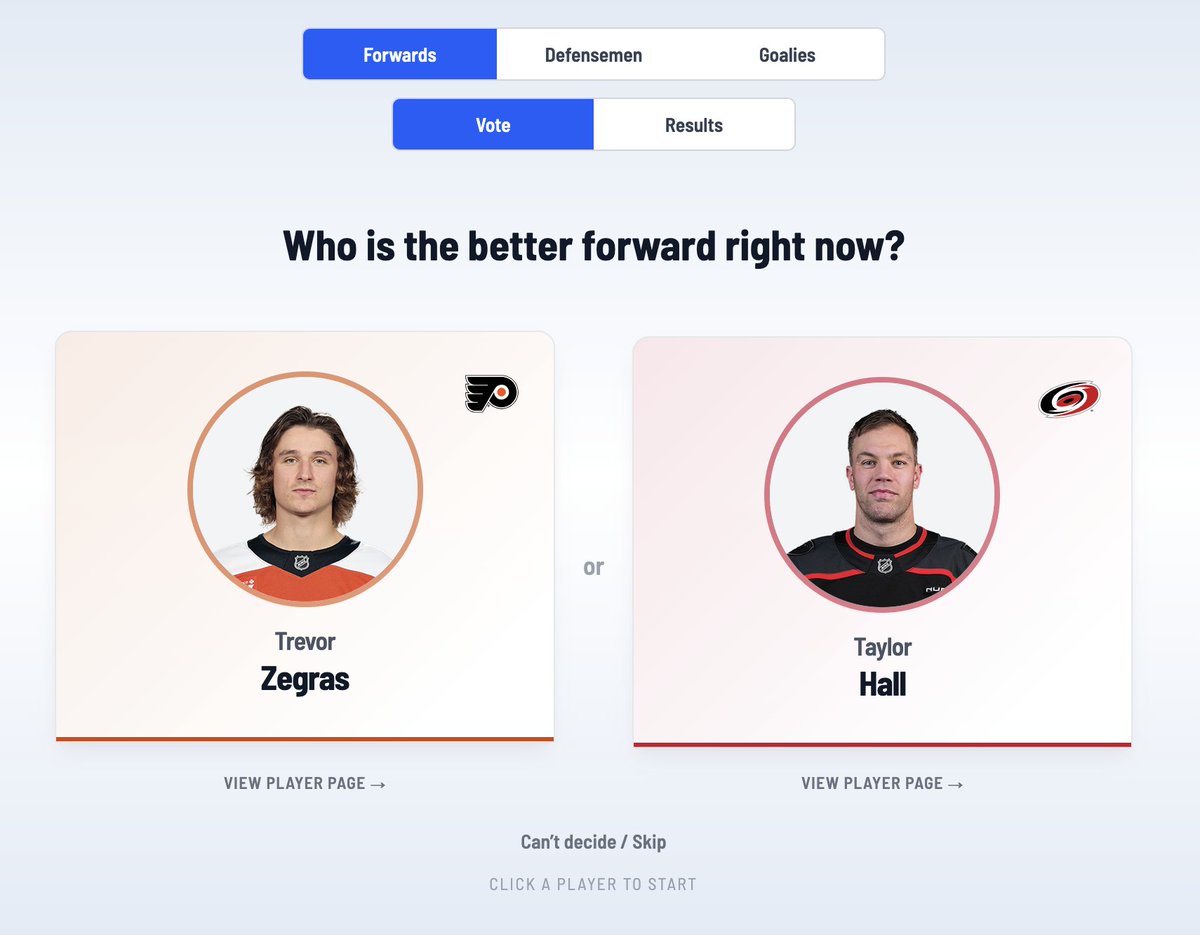 JFreshHockey's tweet photo. If you're looking for a way to kill some time between World Cup games (and just don't feel like working, God bless ya), why not take part in our NHL rankings vote?

It's simple - pick the player you think is better.

https://t.co/ztDRw8ODDA https://t.co/LbBs6Jdve2