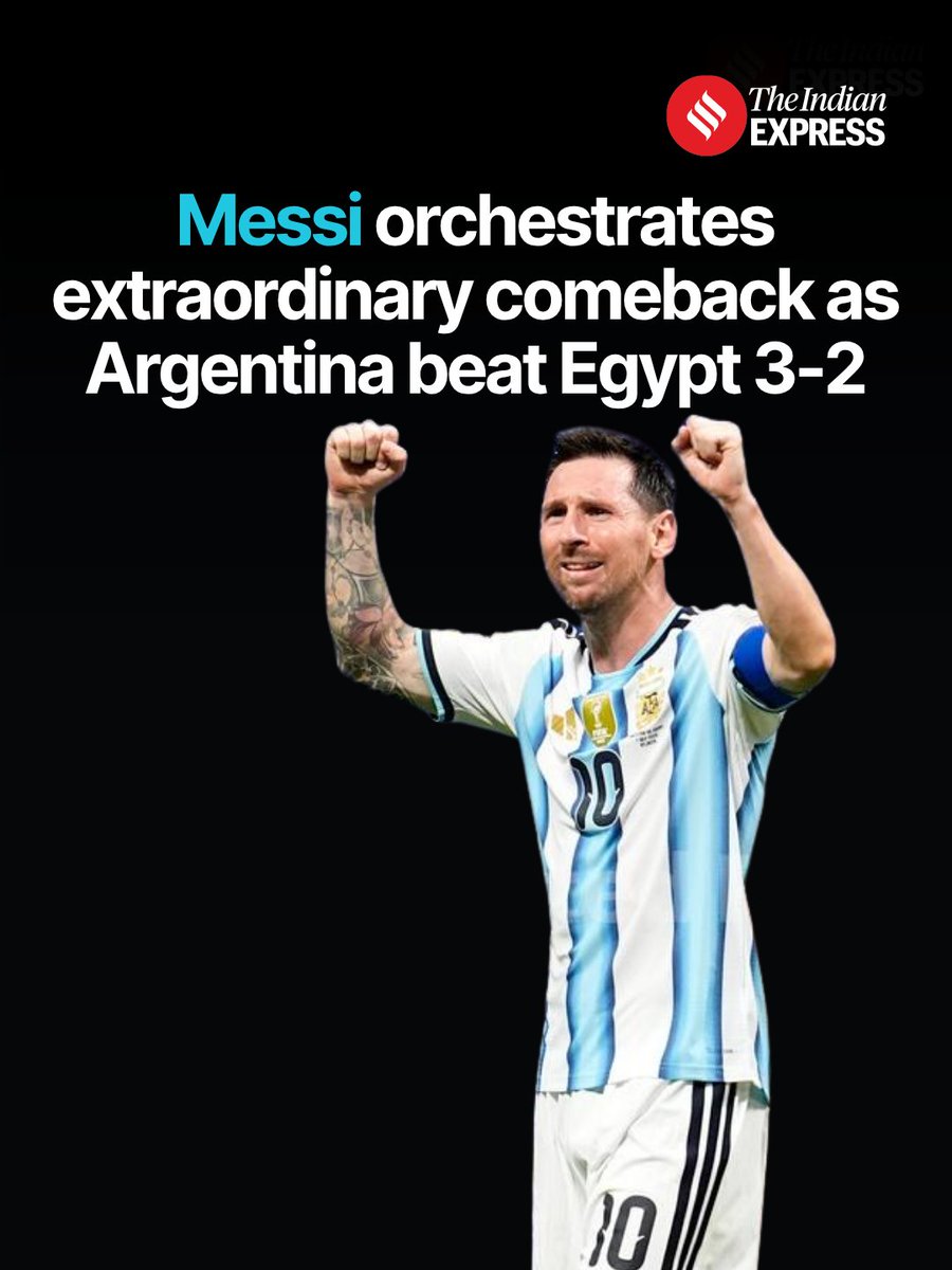 IndianExpress's tweet photo. Lionel #Messi orchestrated a stunning comeback from Argentina as they beat Egypt 3-2 to qualify for the quarterfinals of the 2026 #FIFA World Cup

🔗 https://t.co/AetgsBZy9s https://t.co/9uU6rEwfZj