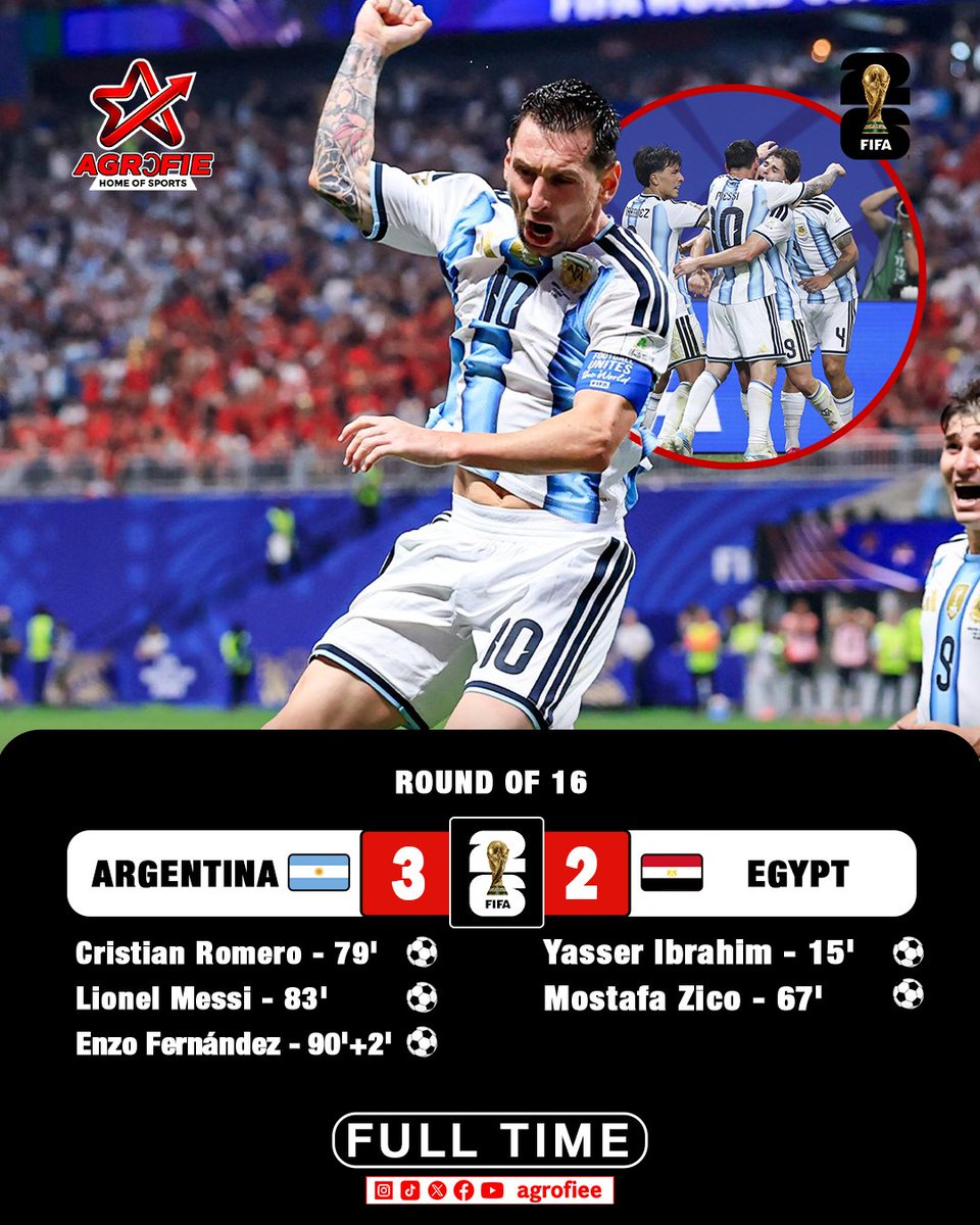 agrofiee's tweet photo. 🇦🇷 ARGENTINA ARE THROUGH TO THE FIFA WORLD CUP QUARTER-FINALS! 🏆🔥

What a comeback! Argentina score twice in just 13 minutes to turn the game around and book their place in the 2026 FIFA World Cup Quarter-finals. https://t.co/FTSTGdUjAZ