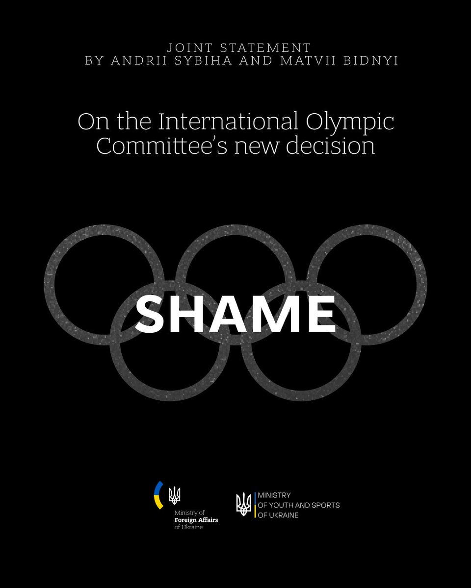 MFA_Ukraine's tweet photo. ❗️The IOC's decision to lift its recommendations restricting the participation of Russian athletes sends a deeply concerning signal to the international community.

We call on the governments of countries hosting international sporting events not to permit the display of Russian state symbols on their territory. Under this flag, Russia continues its unprovoked and illegal war against Ukraine.

Every day, civilians are killed, cities are destroyed, and international law is violated. The symbols of an aggressor state have no place at international sporting events.

The Olympic Movement is founded on the principles of peace, respect for human dignity, and solidarity. We therefore hope that the issue of the use of Russian state symbols at the Olympic Games will be addressed separately and with the utmost responsibility.

We also call on international sports federations to maintain the existing restrictions on representatives of the aggressor state, in line with their commitment to protecting the integrity and values of international sport.

Ukraine will continue working closely with its international partners to uphold these principles and to ensure that international sport is never used as a tool to legitimize aggression or whitewash the actions of a state that continues to wage war.