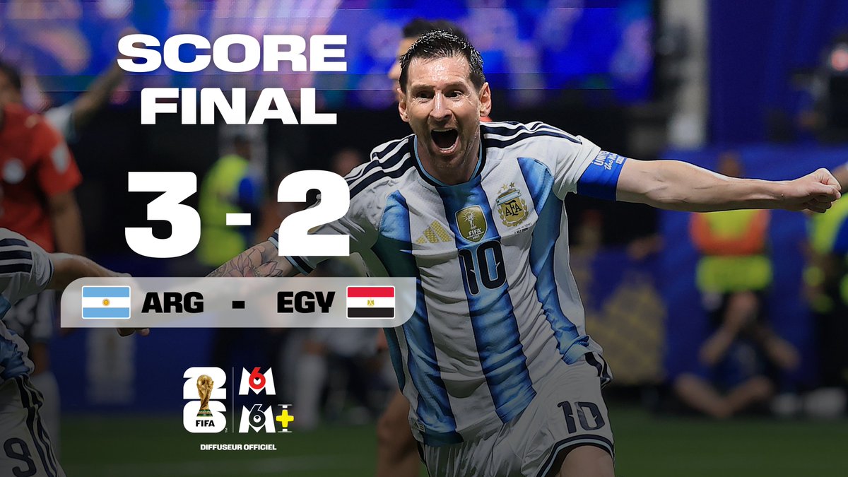 M6's tweet photo. L'Argentine s'impose au bout d'un scénario complètement fou ! 🇦🇷🔥 Menés 2-0, les champions du monde renversent l'Égypte et filent en quarts de finale.
Score final : Argentine 3-2 Égypte.

Suivez la Coupe du Monde de la FIFA 2026™ sur M6 et M6+
#CDM2026 #FIFAWorldCup #ARGEGY

📸 Elsa / Getty Images