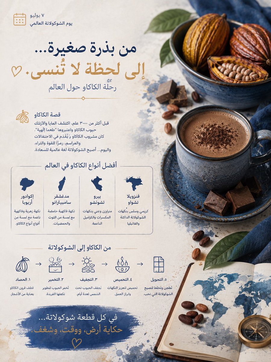 YallaNextTours's tweet photo. يوم #الشوكولاتة العالمي..🍫

ليست كل #الرحلات تُقاس بعدد المدن التي نزورها، أحيانًا تخلّدها قطعة شوكولاتة تذوب في مقهى صغير، أو نكهة كاكاو اكتشفناها في بلد جديد
لكل وجهة طعم.. ولكل ذكرى نكهة لا تُنسى

شاركونا:
🌍ما ألذ شوكولاتة تذوقتوها في السفر؟
وأي دولة تستحق لقب أفضل شوكولاتة؟ https://t.co/rlOZQtT5YJ