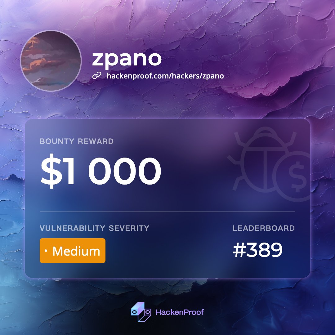 0zpan's tweet photo. Yeay, I was awarded for my three valid submissions on
@HackenProof after three months with my AI system.
Keep hunting!

https://t.co/Q5y4AQagv1 #hackenproofed #bugbounty https://t.co/tAZjSmm6IA