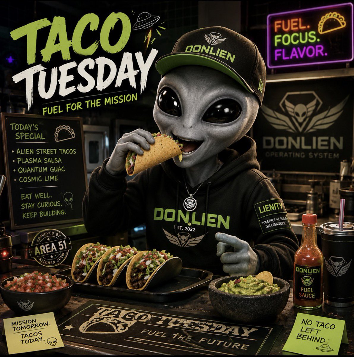 DONLIEN51's tweet photo. 🌮 CLASSIFIED TRANSMISSION // TACO TUESDAY
Earth calls it Taco Tuesday…
We call it Fuel Protocol.
Even Founding Agents (A Grey featured below) need to recharge before the next mission.
Eat well.
Stay curious.
The transmission continues. 🛸
#TacoTuesday #DONLIEN #LIENITY https://t.co/ysZQmwwtML