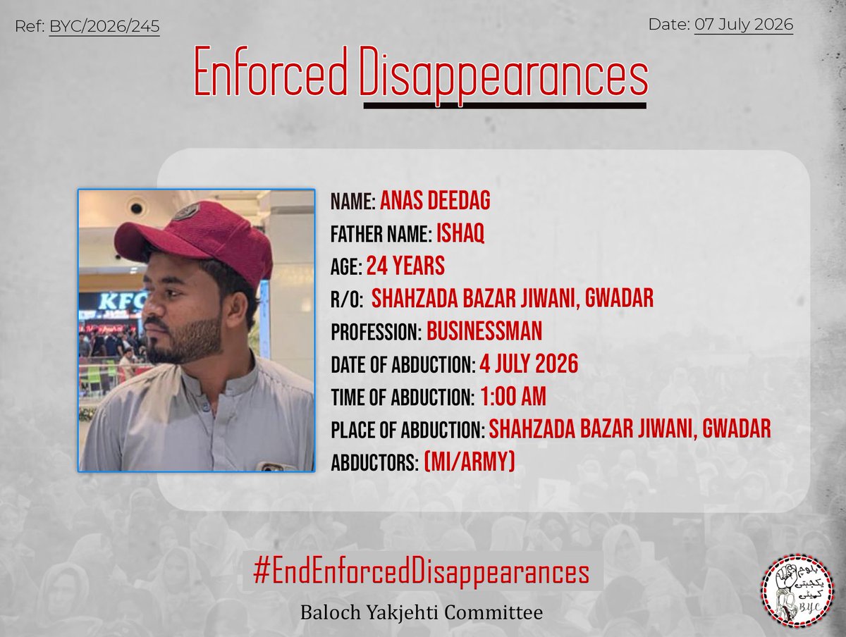 BalochYakjehtiC's tweet photo. 𝗘𝗻𝗱 𝗘𝗻𝗳𝗼𝗿𝗰𝗲𝗱 𝗗𝗶𝘀𝗮𝗽𝗽𝗲𝗮𝗿𝗮𝗻𝗰𝗲𝘀!

#EndEnforcedDisappearances
#StopBalochGenocide https://t.co/n7pFmmvSKT