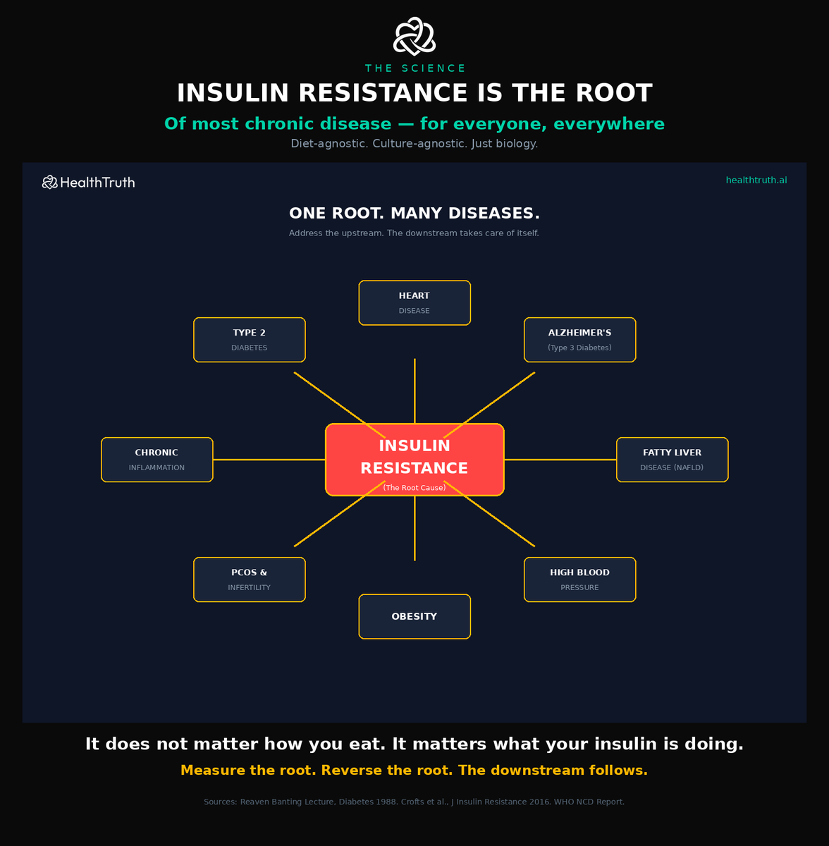 markkaplan20's tweet photo. Insulin resistance is the root cause.

It does not just lead to Type 2 diabetes. It is upstream of heart disease, fatty liver, Alzheimer’s (now called Type 3 diabetes), high blood pressure, PCOS, infertility, and chronic inflammation.

One root. Many diseases.

Address the upstream and the downstream takes care of itself.

This is not opinion. This is published in the Banting Lecture, in Diabetes journal, in 50 years of metabolic research.

It does not matter how you eat.

It matters what your insulin is doing.