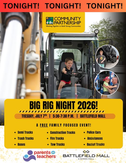 CPOzarks's tweet photo. Get revved up because TONIGHT is 𝐁𝐈𝐆 𝐑𝐈𝐆 𝐍𝐈𝐆𝐇𝐓 2026! Grab your gear &amp; head down to the Battlefield Mall's north parking lot for an evening packed with BIG FUN! 
From 5:30pm to 7:30pm, it's all engines GO with tons of trucks &amp; excitement for the whole family!
#CPOzarks https://t.co/l7RdjurAZV
