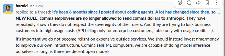 Anthropic is now a banned vendor at comma_AI