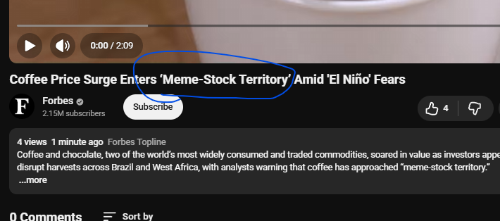 meggarwicky's tweet photo. Cofee entering meme stock territory??

New yt vid from 1 minute ago, run cofee bean https://t.co/hdxjhBYi6A