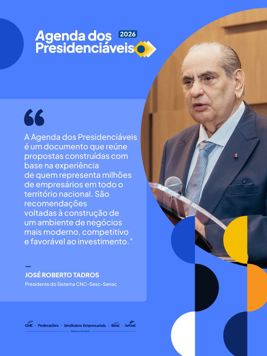 jose_tadros's tweet photo. Nesta semana, o @SistemaCNC promove a Agenda dos Presidenciáveis.

É um evento em que convidamos os principais nomes da disputa eleitoral para apresentar-lhes as pautas que o Sistema Comércio considera prioritárias para o desenvolvimento do Brasil.

Acompanhe em @SistemaCNC. https://t.co/k6DtCUul2A