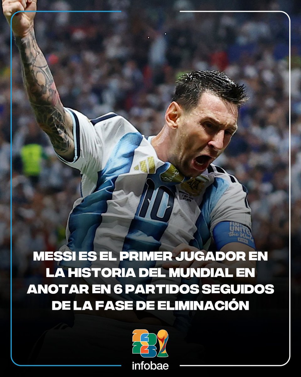 infobae's tweet photo. LIONEL MESSI SIGUE ESCRIBIENDO HISTORIA 🇦🇷⚽️

Con su gol ante Egipto se convirtió en el primer jugador en la historia de un Mundial en anotar en seis partidos consecutivos de la fase de eliminación directa. https://t.co/xKt5XqCr7d