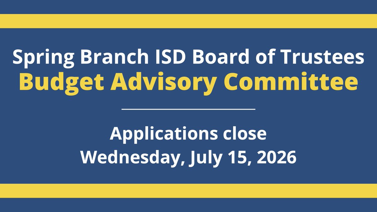 SBISD's tweet photo. Spring Branch ISD is looking for community leaders with expertise in finance, real estate, or a related field, to help shape the district's financial future.

🗓️ Applications are open through July 15, 2026.
🔗 Learn more and apply: https://t.co/jUgqnsvKBT https://t.co/HuHCeYBBDH