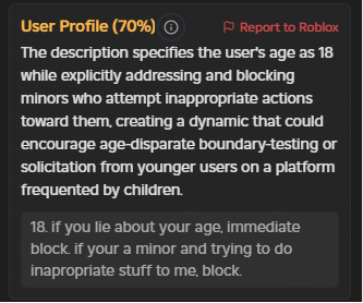 sodaslacked's tweet photo. im checking rotector out because its stupid and wdym my friend is flagged for saying "dont lie about your age to me because i dont like minors" https://t.co/ZVlqtzboOE