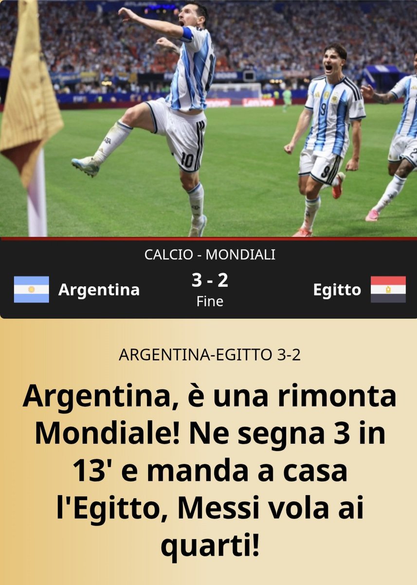 AlanWentin21322's tweet photo. ARGENTINA REMONTADA ÉPICA

Anota tres goles en 13 minutos y manda a Egipto a su casa. ¡Messi vuela a cuartos de final! 💪💪

Cuando te digan en la vida que algo es imposible, mostrales esto! https://t.co/z60wcVnAbP