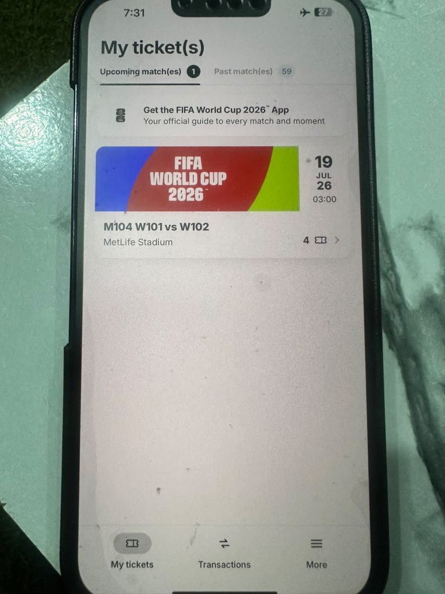 69nucleus's tweet photo. Looking to sell 2 tickets due to change of plans:

W95 vs W96 - World Cup - Final match 104

Sat · Jul 19· 3:00 PM

MetLife stadium east Rutherford 

2500 USD each

2 tickets

I have video proofs as well.

Section 306 Row 13 seat 16

Section 306 Row 15 seat 17 https://t.co/11NXj0L3Qe