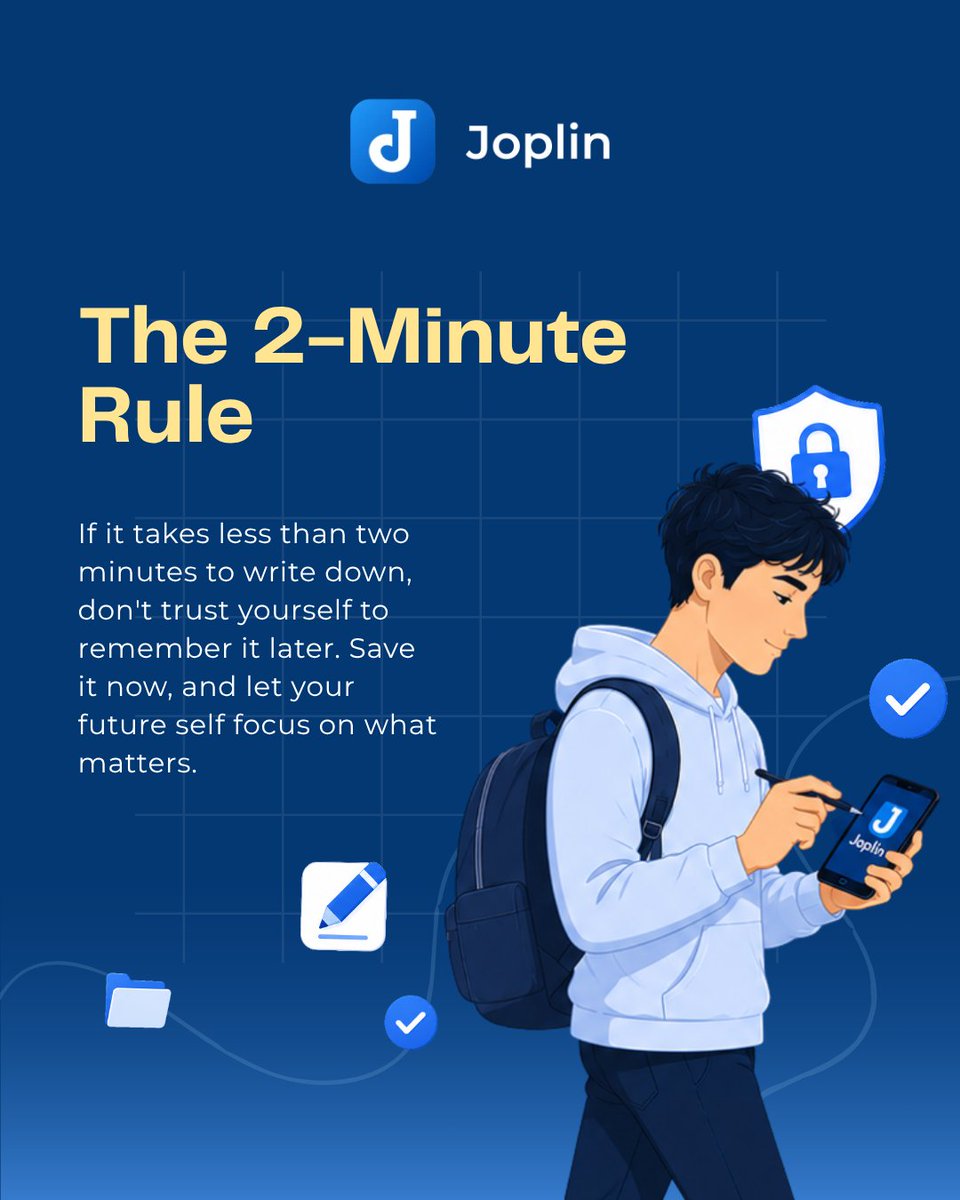joplinapp's tweet photo. Your best ideas rarely arrive when you're sitting at your desk. Capture them in under two minutes with Joplin, and keep your mind free for what matters most.

#Joplin #Productivity #NoteTaking https://t.co/vfKl3fFARW