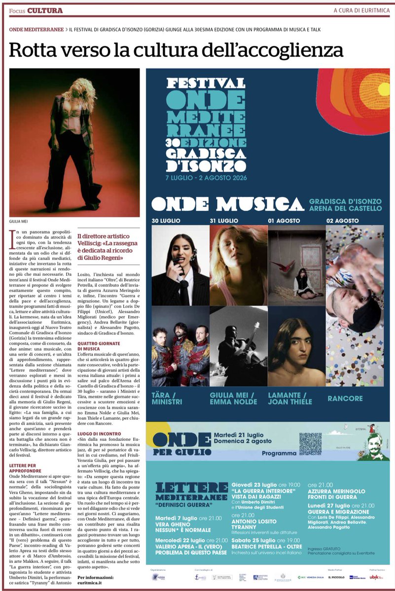 GiulioSiamoNoi's tweet photo. Da @repubblica il programma di Onde Mediterranee 2026 inclusa la serata per Giulio #Regeni #OndeMusica https://t.co/hl1hcqVHxi