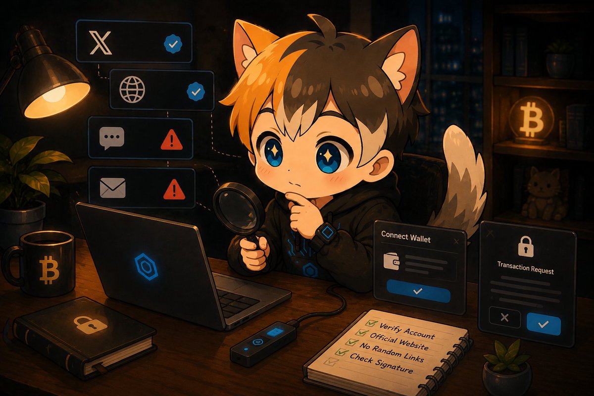 NekoByteXBT's tweet photo. The easiest way to lose your crypto isn't always a bad trade.
It's connecting your wallet to the wrong website.

Before claiming an airdrop or minting:
🐾 Verify the official X account.
🐾 Double-check the project's official website.
🐾 Never trust links from random replies or DMs.
🐾 Read every wallet signature before approving.

One minute of verification can save your entire portfolio.
Stay curious. Stay safe. Meow. 🐈🔒