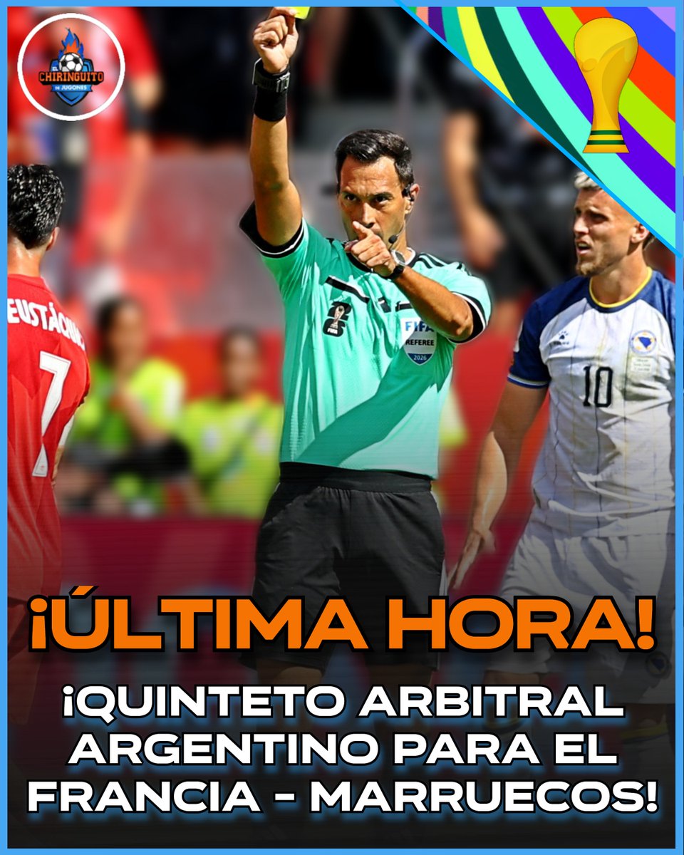 elchiringuitotv's tweet photo. ‼️ ¡Quinteto arbitral argentino para el Marruecos - Francia de cuartos del Mundial! 

🇦🇷 Facundo Tello será el encargado de dirigir la contienda. 

👉 Asistentes, cuarto árbitro y reserva comparten la misma nacionalidad. https://t.co/E6MBrY4qWL