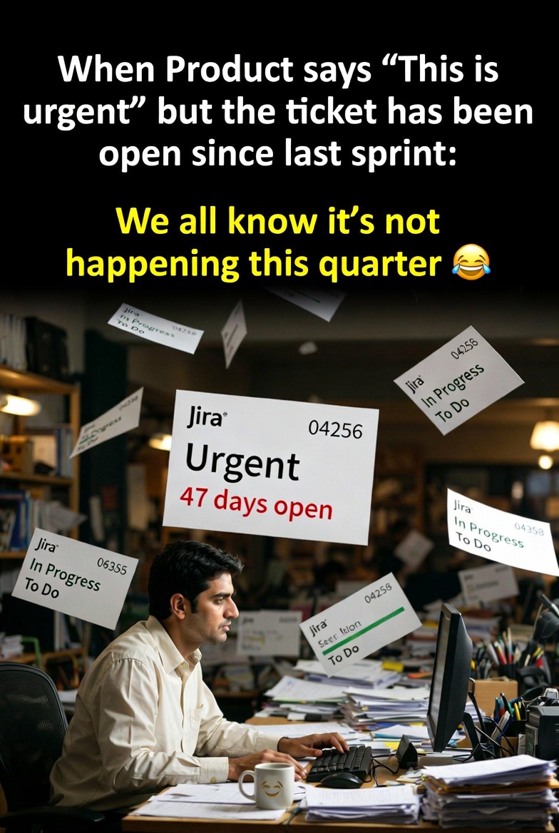CorpChaos_'s tweet photo. When Product says “This is urgent” but the ticket has been open since last sprint:  
We all know it’s not happening this quarter 😭 
#AgileMemes #TechDebt #DeveloperLife 📷 https://t.co/xyYHbiS6fp
