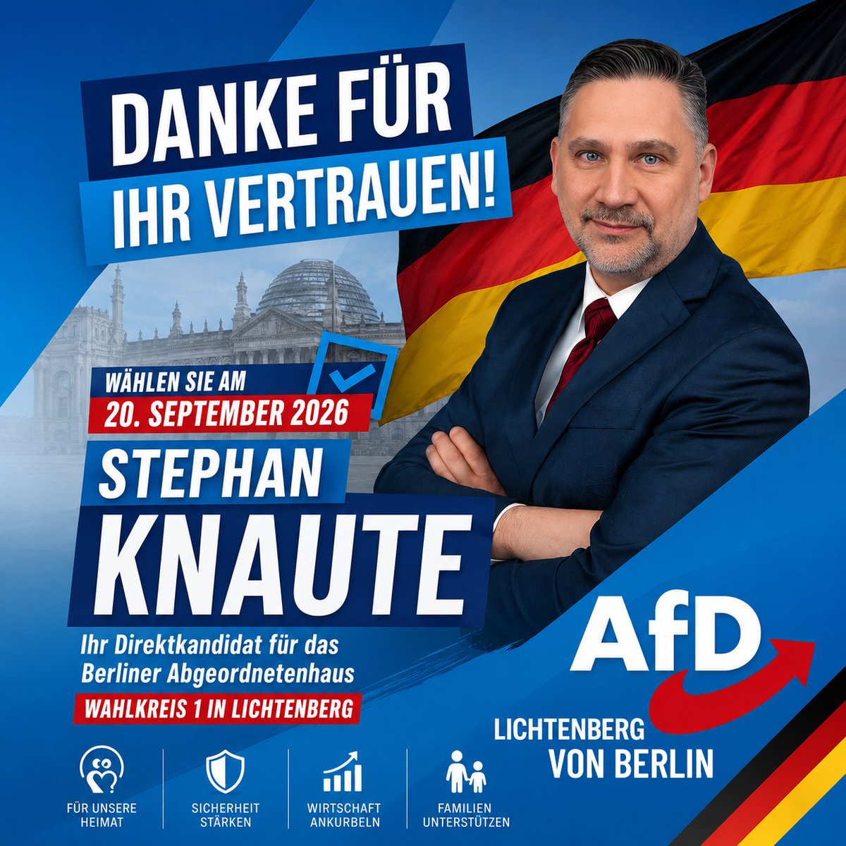 KnauteBLN's tweet photo. 🇩🇪 Berlin im Fokus: Warum gute Landespolitik in den Bezirken beginnt!

Ein Blick auf unsere Hauptstadt zeigt jeden Tag deutlicher: Viele Probleme Berlins sind das Ergebnis jahrelanger Fehlentscheidungen im Roten Rathaus. Die Folgen spüren die Menschen jedoch nicht zuerst im Regierungsviertel, sondern direkt vor ihrer Haustür – in unseren Bezirken.

Ob Wohnungsnot, überlastete Schulen und Kitas, marode Infrastruktur oder die Folgen einer ungesteuerten Migration – die Auswirkungen verfehlter Landespolitik treffen die Berliner jeden Tag ganz konkret vor Ort.

Als stellvertretender Sprecher des AfD-Bezirksverbandes Lichtenberg und Direktkandidat für das Berliner Abgeordnetenhaus sehe ich es als meine Aufgabe, die Anliegen unseres Bezirks mit einer starken Stimme in die Landespolitik zu tragen.

🔹 Bürgernah: Wir von der AfD hören zu, wo andere längst nicht mehr hinhören.

🔹 Starke Bezirke: Landespolitik muss die Voraussetzungen schaffen, damit unsere Bezirke wieder handlungsfähig werden und in Schulen, Straßen, Sicherheit und öffentliche Einrichtungen investiert werden kann.

🔹 Verantwortung statt Ideologie: Berlin braucht endlich eine Politik mit gesundem Menschenverstand, die die Interessen der Bürger in den Mittelpunkt stellt und die Leistungsträger unserer Gesellschaft entlastet.

Eine starke Hauptstadt braucht starke Bezirke. Deshalb gehören Landes- und Bezirkspolitik untrennbar zusammen. Nur wenn die richtigen Entscheidungen im Abgeordnetenhaus getroffen werden, können sie vor Ort ihre Wirkung entfalten.

🤝 Welche Themen müssen im Berliner Abgeordnetenhaus endlich konsequent angegangen werden?

Schreiben Sie es mir in die Kommentare! 👇

#AfD #Berlin #Lichtenberg #Abgeordnetenhaus #Landespolitik #Bezirkspolitik #HeimatImHerzen #Bürgernah #PolitikMitVerstand #StarkeBezirke #Berlin2026 #Wahlkreis1 #StephanKnaute