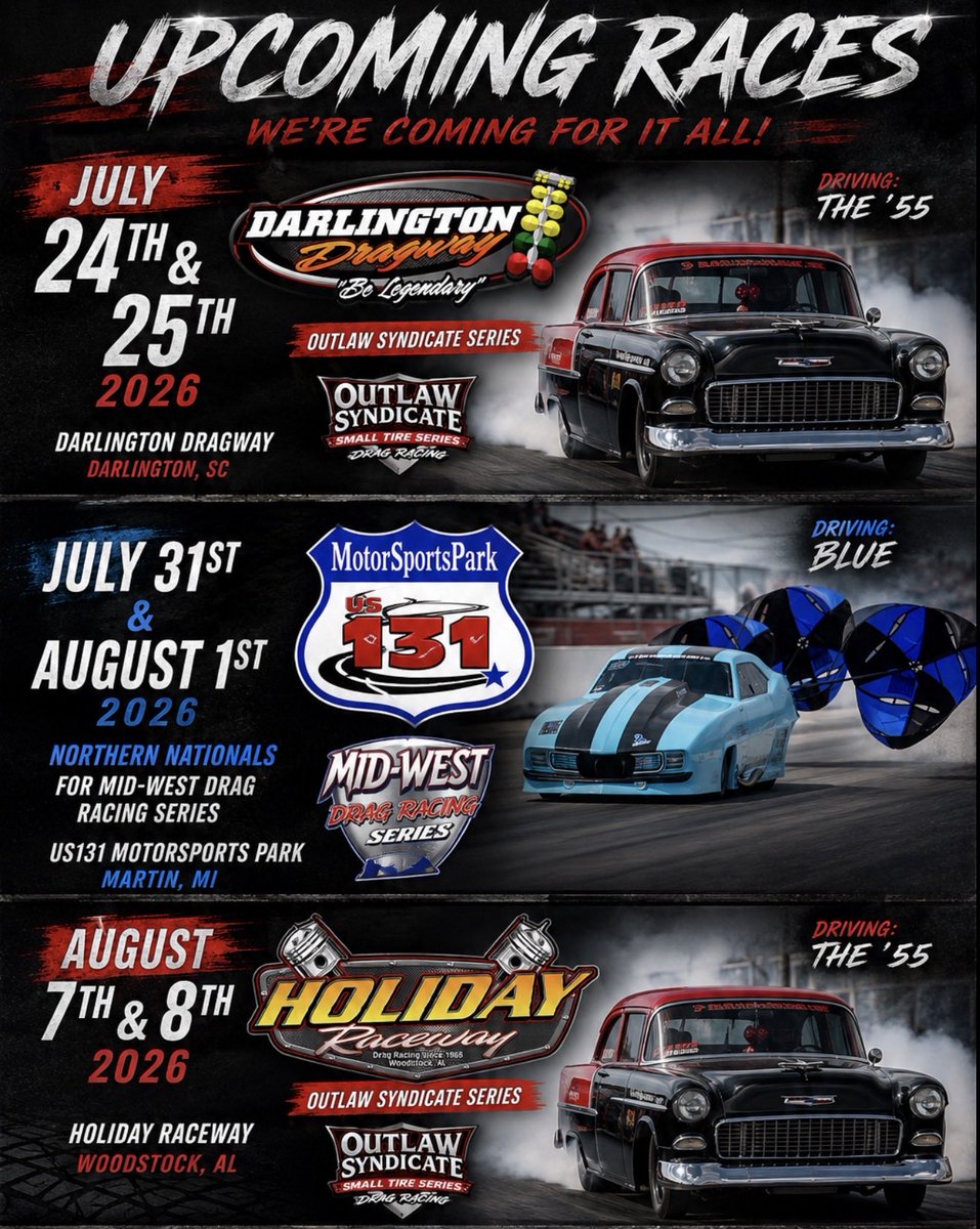 murdernova's tweet photo. Here is our schedule for the next month! Make sure to come out and see us if you’re anywhere close to Darlington Dragway, US 131 Motorsports Park or HOLIDAY RACEWAY! #outlawsyndicate #mwdrs https://t.co/mYvnvll3hS