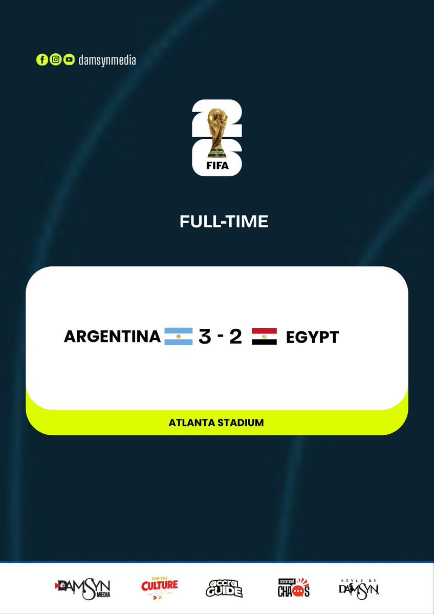 Damsyn_media's tweet photo. 🇦🇷 Argentina survive a late scare to defeat Egypt 3-2 in a thrilling encounter!

#FIFA #Argentina #Egypt #Football #DamsynMedia #ForTheCulture https://t.co/8TWycBHaJH
