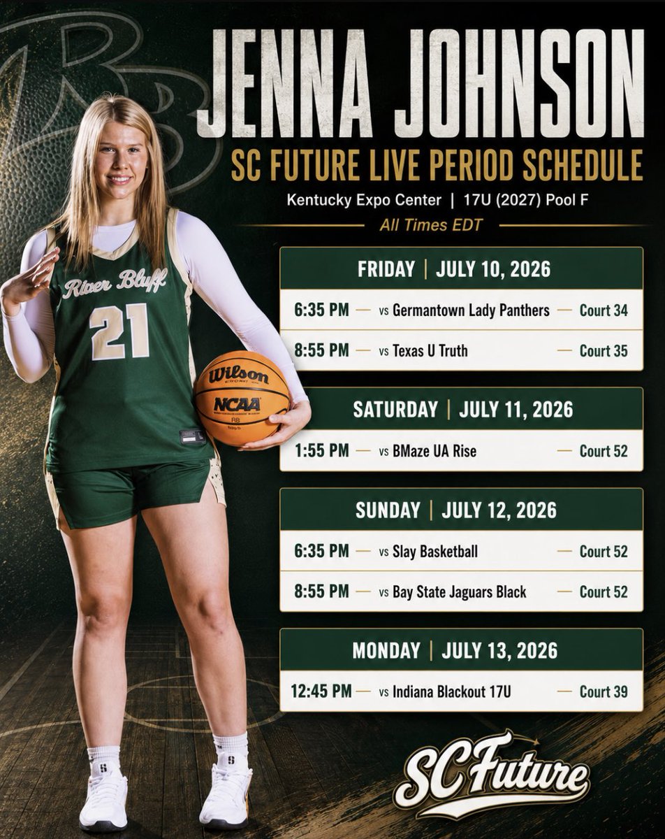 jjohnsonbball21's tweet photo. Coaches, here is my schedule for the weekend in Kentucky! Can’t wait to play with @scfuturebb ! 💚🖤

@cjleath 
@joetiger1976 
@MMBR_CoachGBell 
@WBBGems https://t.co/xIS7mTtomJ