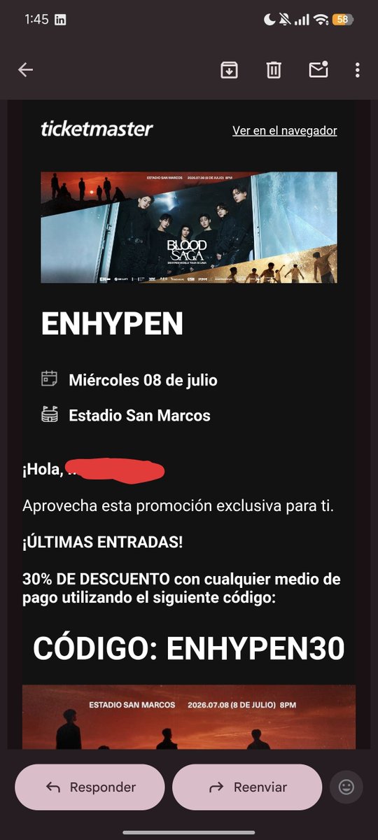 unchedosb's tweet photo. Para quienes quieran entradas para Enhypen. Ticketmaster mandó correos con link de promo flash.
Tribuna norte está a 180, vip 295 y platinum 410.

No soy fan pero paso la info para que no caigan en estafas porfis 👐

Así se ve el correo https://t.co/0kAdl1NrTP