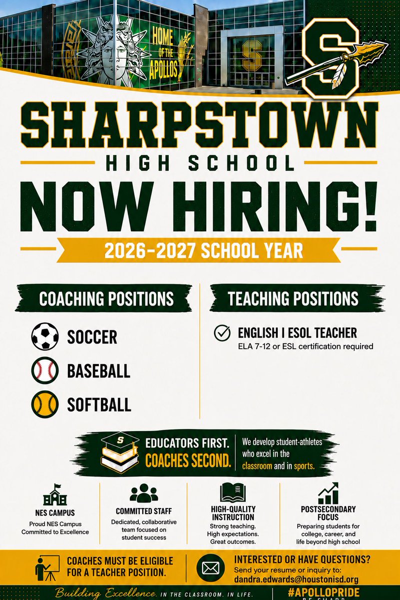 DrDCEdwards's tweet photo. We have ONE position remaining to fill and Sharpstown is fully staffed for the 2026-27 school year! We also have a few coaching opportunities available. Interviews are being scheduled for this week!
If interested, please send your resume to dandra.edwards@houstonisd.org #BeSharp https://t.co/z8yUnUzew3