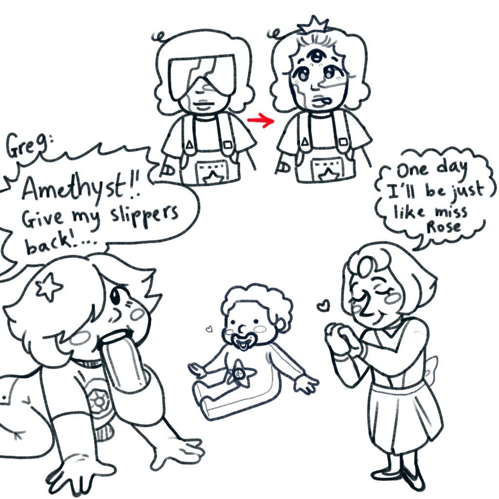 Petrifiedsapph's tweet photo. #stevenuniverse 
Some small doodles for a baby steven universe AU where Pearl and Garnet are 6 years old and Amethyst is 3 years old. And steven is a baby.... He one popcorn tall https://t.co/rwwVJiCEME