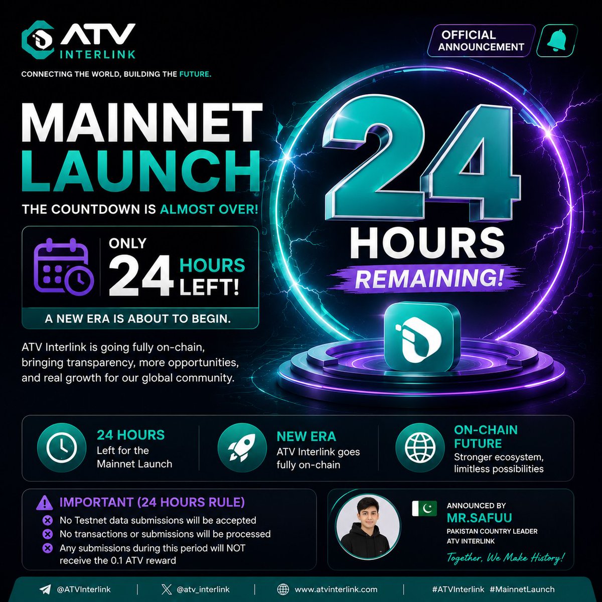 MrSafuu's tweet photo. ⏳ Only 24 hours left!
The countdown is almost over. See you at Mainnet Launch 🚀
#ATVInterlink #MainnetLaunch #24HoursLeft https://t.co/AY5JxPlzRX