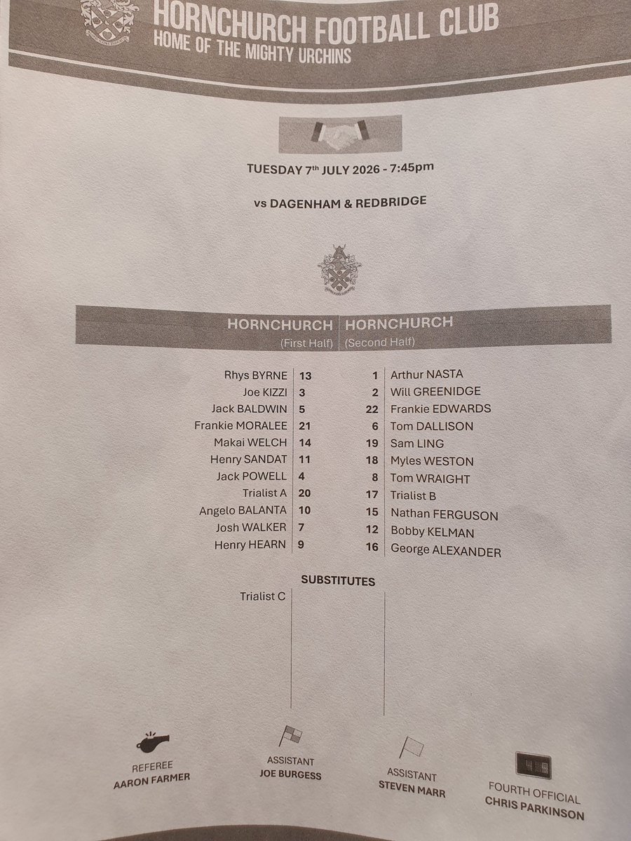 HornchurchFC's tweet photo. Our first and second half lineups for this evening's fixture with Dagenham &amp; Redbridge. https://t.co/CFNj1rYB7U