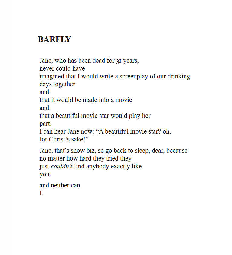 newsfromrob's tweet photo. Barfly
From 'New Poems Book Three' - Charles Bukowski
#poem #poetry https://t.co/ssDWe0CBHI
