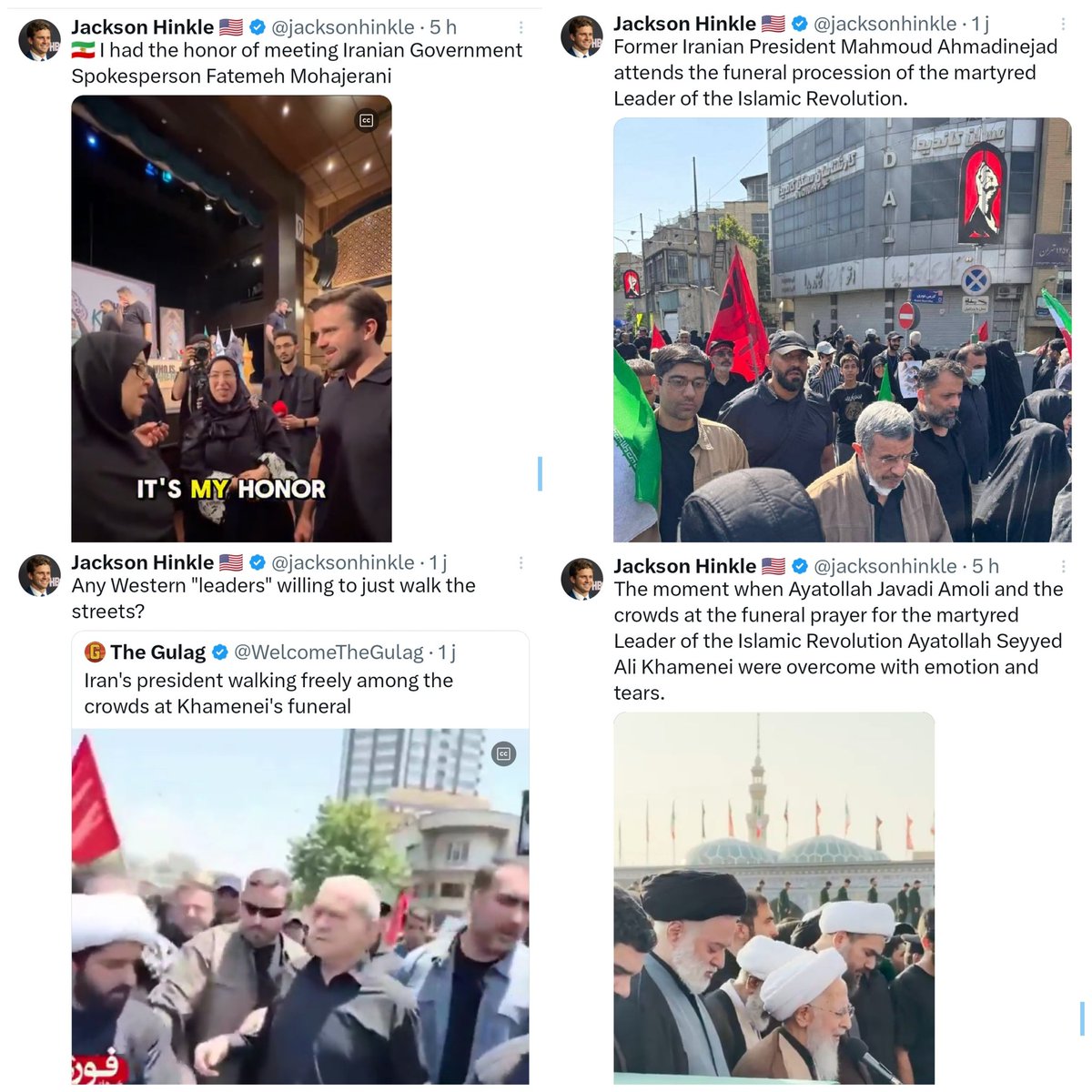 HannahStasi's tweet photo. 🇮🇷 - Qui était aux funérailles de l'ayatollah criminel ? 

1/ Jackson #Hinkle, qui y a fait un publireportage aux côtés des pontes du régime et est monté sur scène pour crier "À bas les sionistes" en agitant un drapeau. 👇 https://t.co/Ry7skoyQ4h