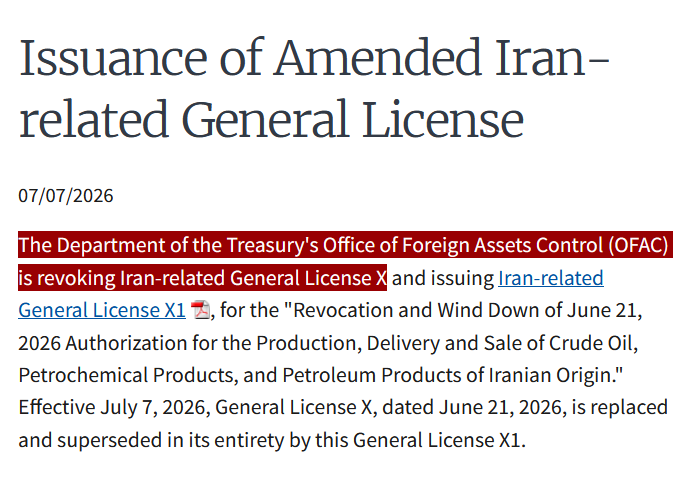 disclosetv's tweet photo. JUST IN - U.S. Treasury revokes general license waiver that authorized the sale of Iranian oil — OFAC https://t.co/4DioVOeUph