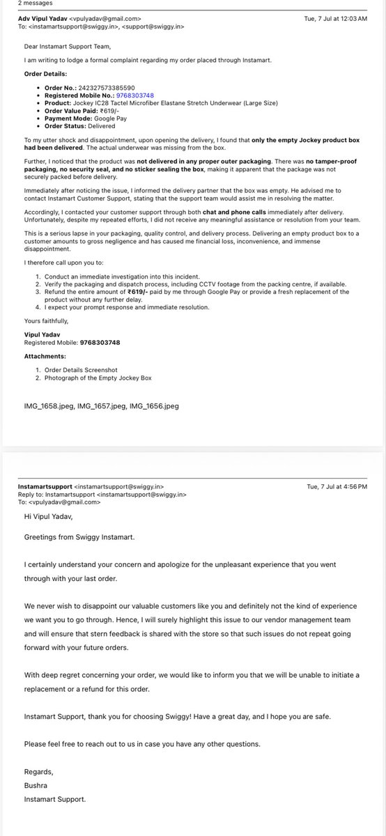 vpulyadav's tweet photo. @instamart_it Think twice before ordering from . I ordered a Jockey underwear, but received only an empty product box. I immediately reported the issue to the delivery partner and customer support, but my refund/ replacement request was rejected.. Order No.: 242327573385590 https://t.co/40LrjrSazS