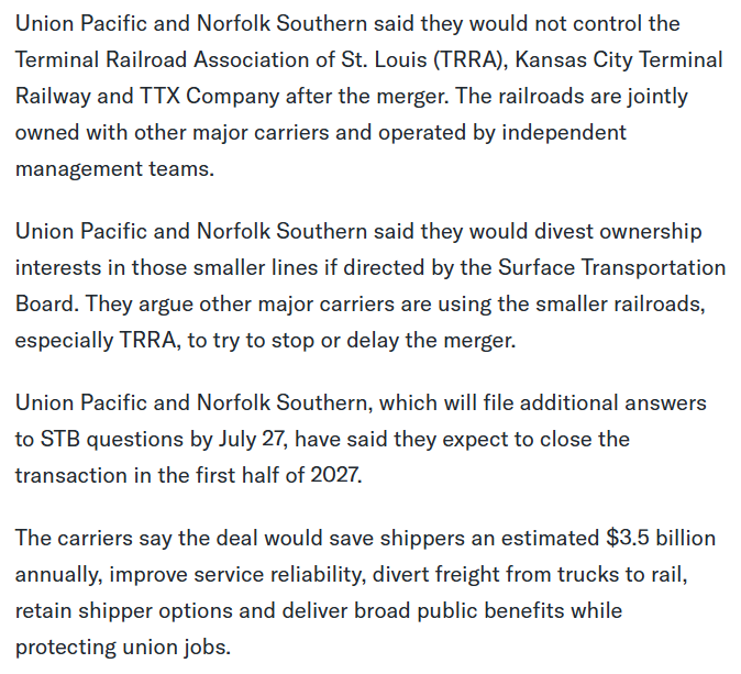 Nainahf's tweet photo. WASHINGTON, July 7 (Reuters) - Union Pacific and Norfolk Southern told a U.S. government agency Tuesday they are willing to divest ownership stakes ‌in some smaller railroads as part of their proposed $85 billion merger

The deal ‌would create the first U.S. coast-to-coast freight rail operator