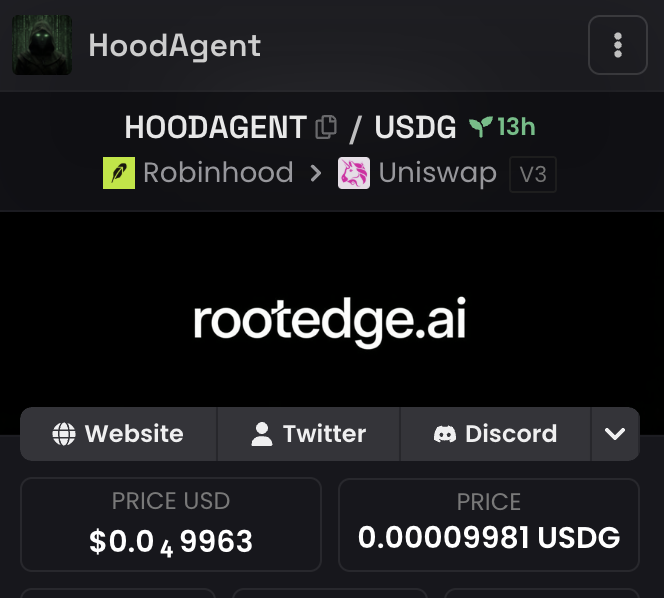 Root_Edge's tweet photo. The @hoodagentai @dexscreener is updated and will get further documentation related updates in the next couple of day(s) as we active it's official telegram bot &amp; other development related items (documentation, etc.)

@virtuals_io Agent Profile: https://t.co/ci3VQnkloQ https://t.co/ZzrjVeOySQ