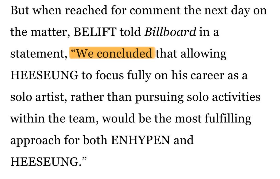 seunglng's tweet photo. BELIFT's statement, by the way. making it very clear, if you read it and interpret it again, that HEESEUNG did NOT decide to leave on his own, but that the company concluded for him. https://t.co/KKo6SaDo2m