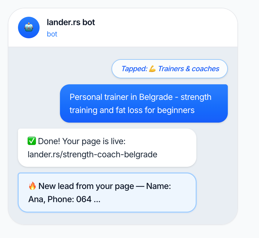 rastovicfilip's tweet photo. I built a telegram bot that lets you build a landing page and start collecting leads #buildinpublic
test it for free over at https://t.co/FS28jYMnOr https://t.co/15joQoSBwm