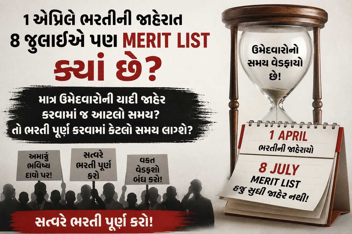 tet_candidate's tweet photo. "1 એપ્રિલે ભરતી જાહેર થઈ અને 7 જુલાઈએ પણ merit list જાહેર નથી. જો માત્ર ઉમેદવારોની યાદી જાહેર કરવામાં જ ત્રણ મહિના લાગે, તો આખી ભરતી પૂર્ણ થતાં કેટલો યુગ જશે? ઉમેદવારોના ભવિષ્ય સાથેનો આ ધીમો ખેલ બંધ કરો અને સત્વરે ભરતી પૂર્ણ કરો."
#TET 
@Bhupendrapbjp 
@CMofGujarat 
@Rivaba4BJP https://t.co/Y7BttUo4ZN