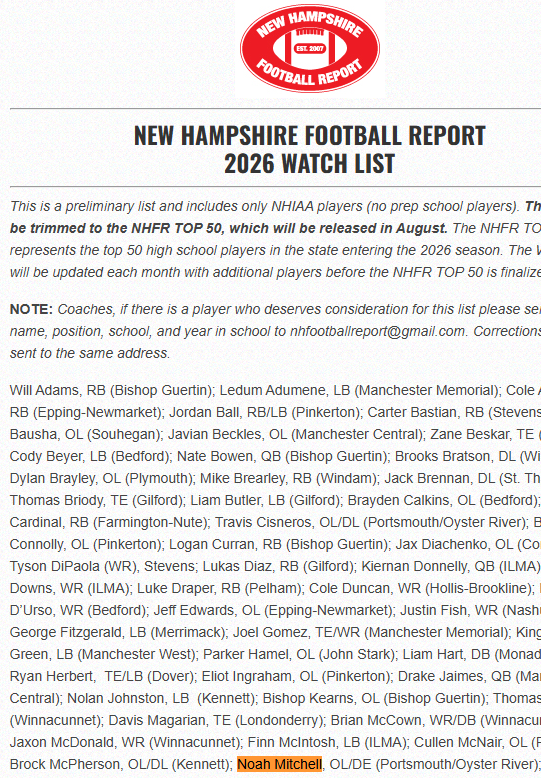 NMitchell2027's tweet photo. With so many good players on this list, I am very grateful to be on it! Thank you @603SportsMedia for another shoutout! https://t.co/ldUSBxtCC4
