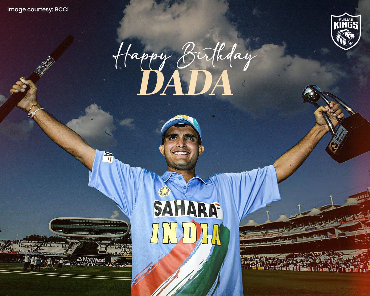 PunjabKingsIPL's tweet photo. Here's to the 𝐃𝐀𝐃𝐀 of Indian cricket 🇮🇳❤️

#HappyBirthday, Sourav Ganguly 🎂 🎉 https://t.co/eACQKZ6VrG