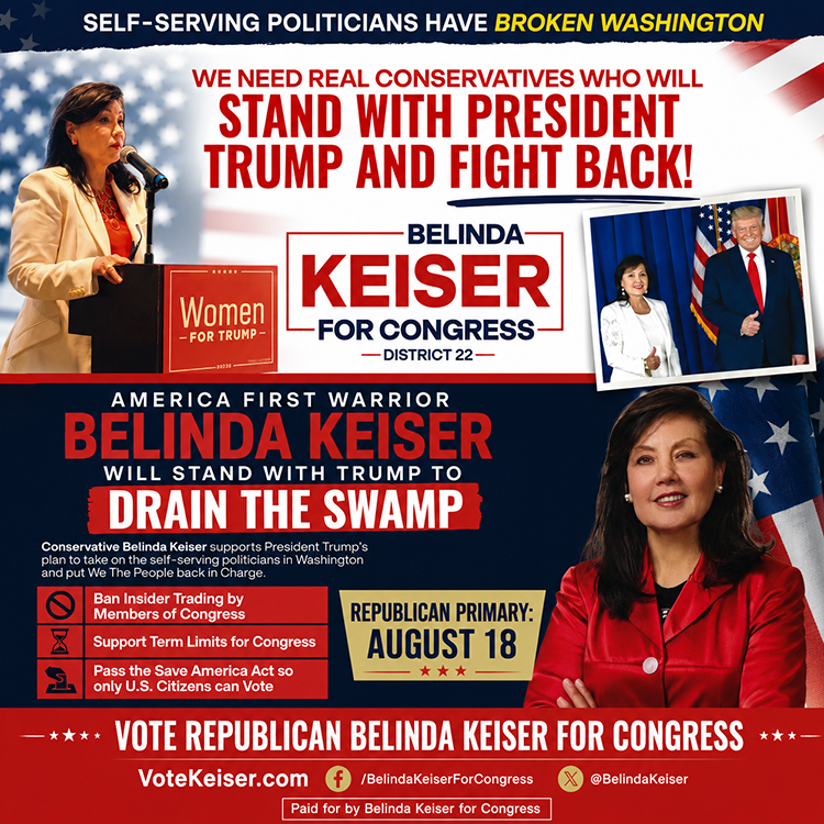 BelindaKeiser's tweet photo. Conservative Belinda Keiser is a Republican candidate for Congress in District 22—a conservative warrior, entrepreneur, and workforce development leader, not a career politician.

Belinda helped build Keiser University into a statewide economic engine and served as a Trump Presidential Elector and Delegate to the Republican National Convention.

She knows what it means to protect American businesses and put Americans to work. In Congress, Belinda Keiser will stand with President Trump to ban insider trading, enact term limits, and pass the Save America Act to safeguard our elections.

Learn more and join Team Keiser: https://t.co/iNyyeiIdoB

#FL22