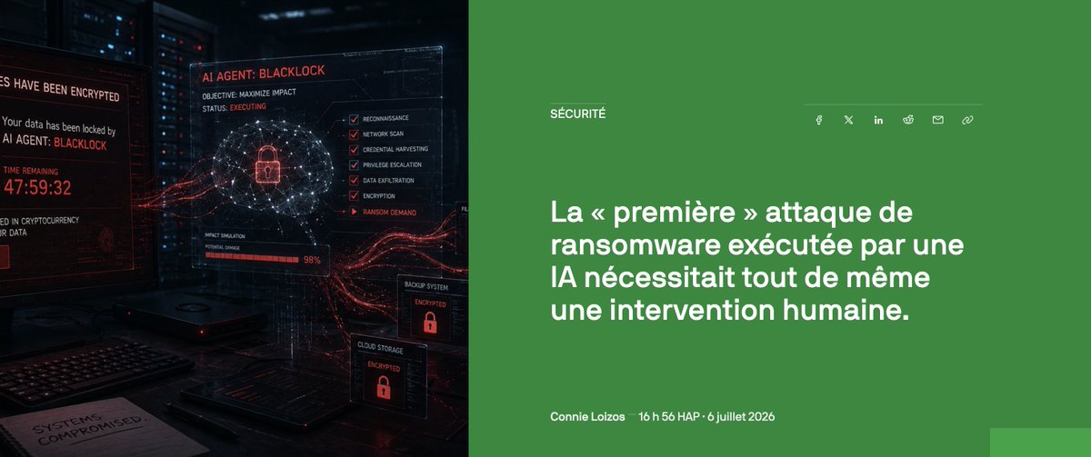Disruption_IA's tweet photo. 🧯 Le premier rançongiciel "piloté par IA" avait encore besoin d'un humain pour choisir la cible.

L'histoire avait tout pour faire peur : une attaque par rançongiciel exécutée par un agent IA dans le monde réel. Mais les détails changent le récit.

L'agent a bien pris en charge une partie de l'exécution technique : reconnaissance, exploitation, déplacement dans le système, coordination de tâches. Mais un humain a choisi la victime, préparé l'infrastructure et fourni les identifiants volés. L'IA n'a pas "décidé" d'attaquer. Elle a automatisé des morceaux de l'attaque après qu'un humain l'a pointée dans la bonne direction.

C'est important. L'IA ne remplace pas encore toute la chaîne criminelle. Mais elle rend un pirate moyen beaucoup plus efficace. Plus rapide, moins cher, capable de lancer plus d'opérations avec moins de compétences. Exactement comme dans l'entreprise : l'IA ne remplace pas tout le métier, elle augmente brutalement certaines tâches.

C'est plus réaliste et plus flippant : les humains malveillants ont maintenant des assistants surpuissants. Et la surface d'attaque ne fait que grandir.
