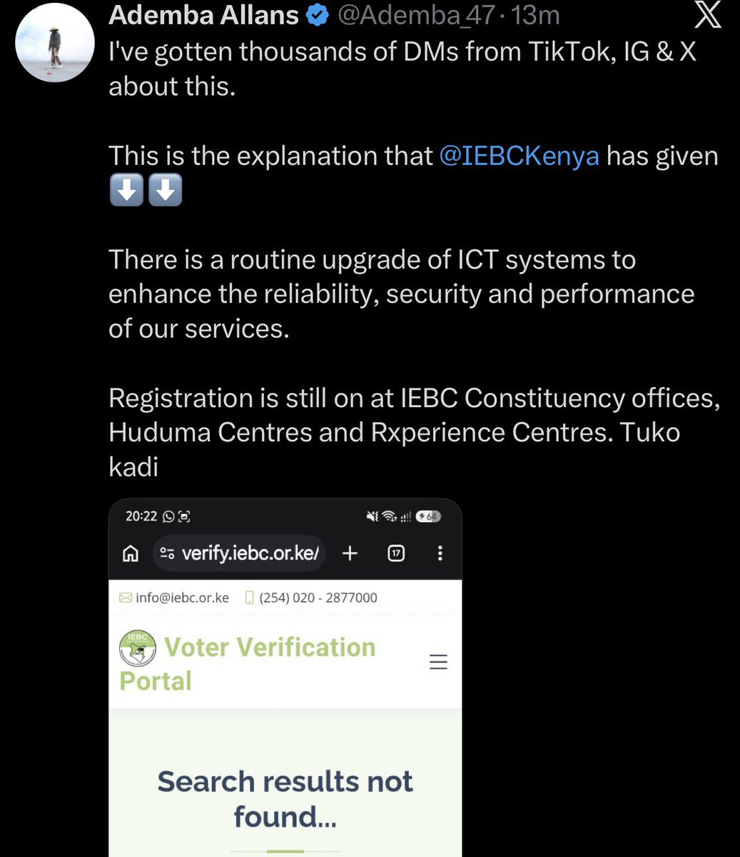 MkenyaMzi's tweet photo. Ademba here you are being technically ignorant or prolly you lack information on the level of accountability we need with IEBC and their databases, mambo ya fungua server iliisha kitambo. We are in IT as well. IEBC needs to give us a detailed report. Database rules are universal. The ACID principles are very clear. Which specific part of the system is getting this upgrade? Error messages should be concise and informative. The system should speak for itself. Kenyans are not Ugandans. We need the exact HTTP error code such as 503 Service Unavailable (server down for maintenance or overload), 500 Internal Server Error (generic server-side failure), 502 Bad Gateway (invalid response from upstream server), 504 Gateway Timeout (upstream server took too long to respond), not a vague search results not found page.

For Transparency let systems speak for themselves