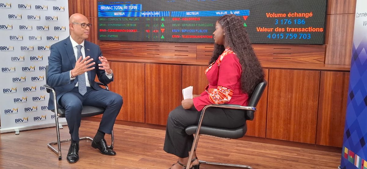 BRVM_UEMOA's tweet photo. La BRVM a eu le privilège d'accueillir, ce mardi 7 juillet 2026, M. Jeremy Awori, Directeur Général du Groupe Ecobank Transnational Incorporated (ETI), à l'occasion d'une interview exclusive accordée à BRVM TV, en marge de sa visite de travail en Côte d'Ivoire. https://t.co/nC5ORA0xgl