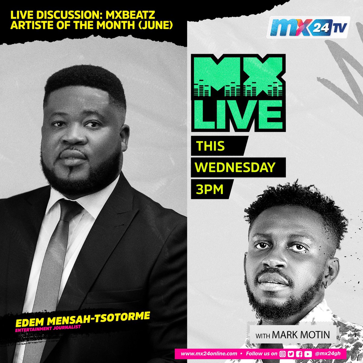 mx24gh's tweet photo. #MxBeatz Artiste Of The Month June is on and we shall be reviewing the nominees and their works tomorrow with @EDEMTSOTORME.
The time is 3pm prompt! Tune in!
#mx24gh #funfearlessfactual #mxlive #edemtsortome https://t.co/8YZmzMJweY